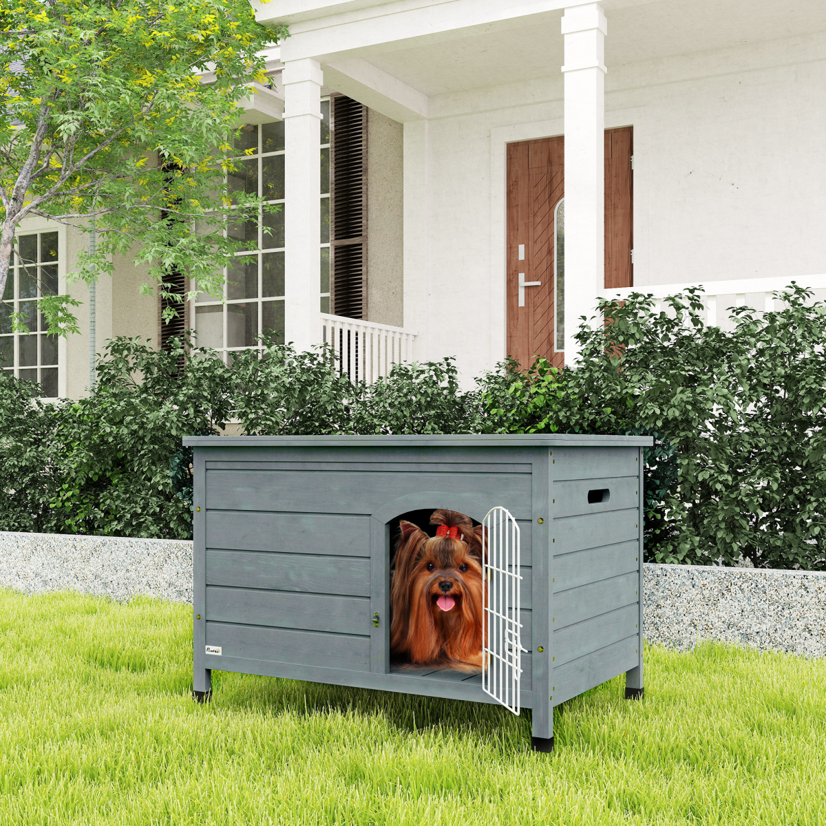 Wooden Dog House, Outdoor Dog Kennel w/ Removable Bottom, Dark Grey