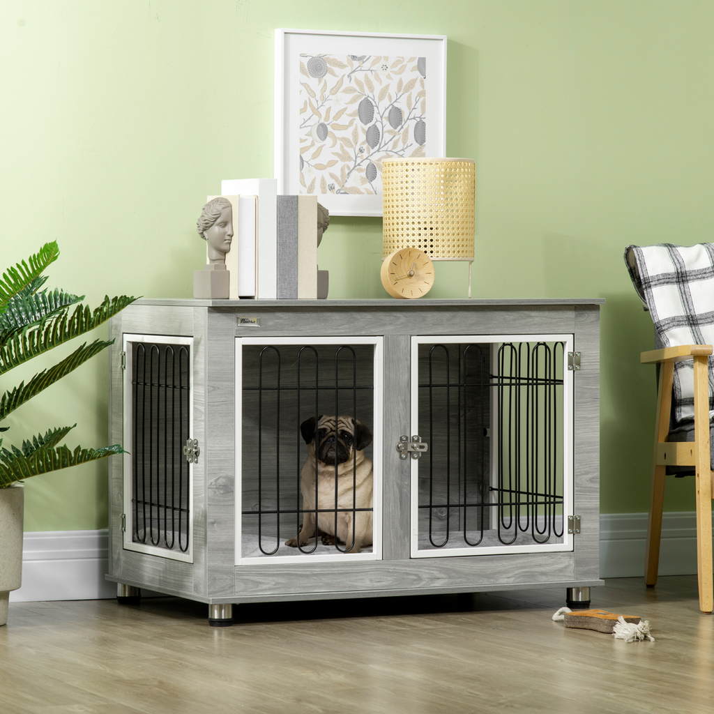 Dog Crate Furniture, Dog Crate End Table w/ Soft Cushion, Double Door