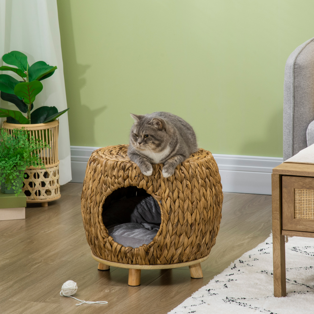 Rattan Cat House Stool, Kitten Bed for Outdoors and Indoors w/ Cushion