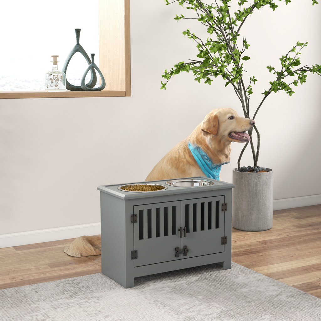 Raised Dog Bowls for Large Dogs Feeding Station with Stand Storage - Grey