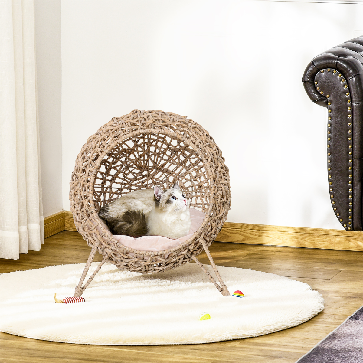 Cat House, Ball-Shaped Rattan Raised Cat Bed - Natural Wood Finish