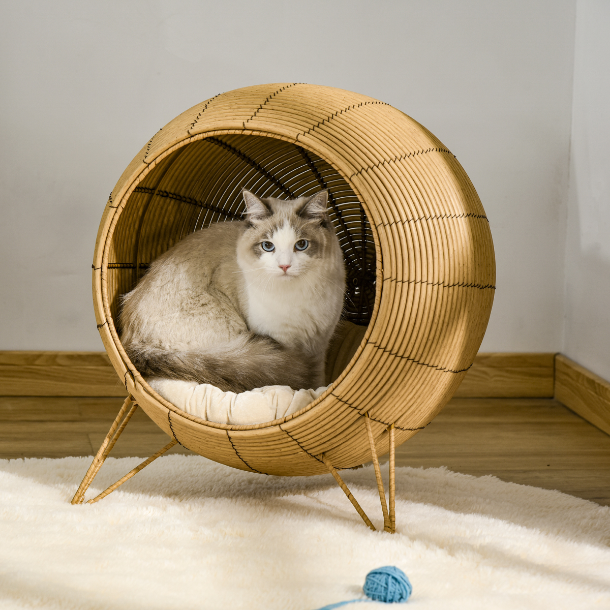Cat Bed Elevated Rattan Kitten Basket Cozy Cave w/ Soft Cushion