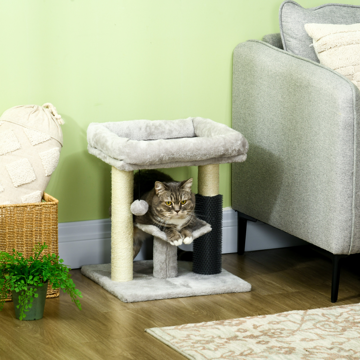 Small Cat Tree Tower with Scratching Posts, Bed, Perch, Self Groomer, Toy