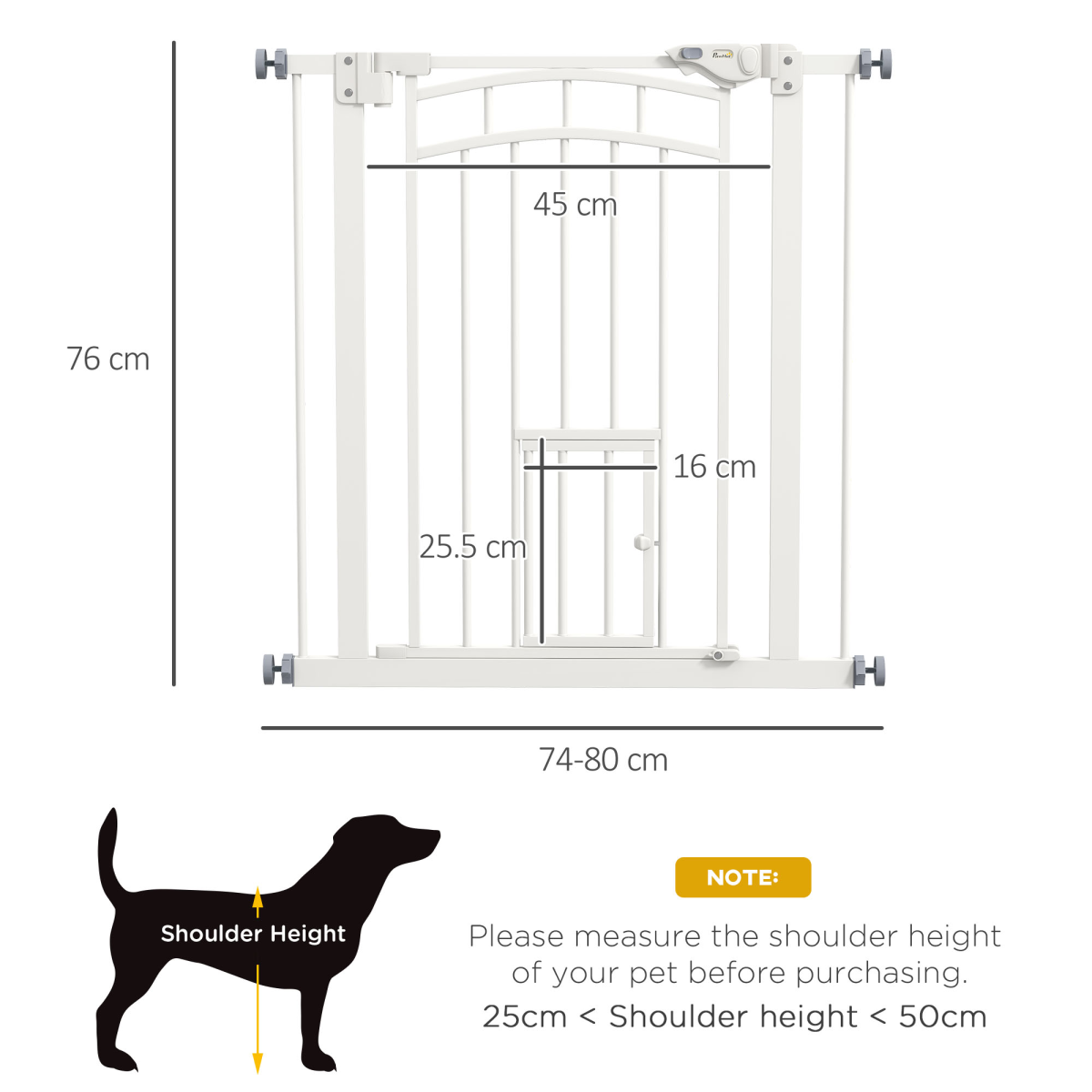 Pressure Fit, Safety Gate Dog Gate w/ Small Cat Door Opening, 74-80cm