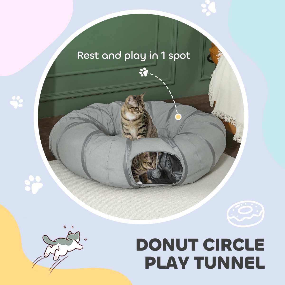 2 in 1 Cat Tunnel with Bed, Cat Play Tunnel for Indoor Cats, Grey
