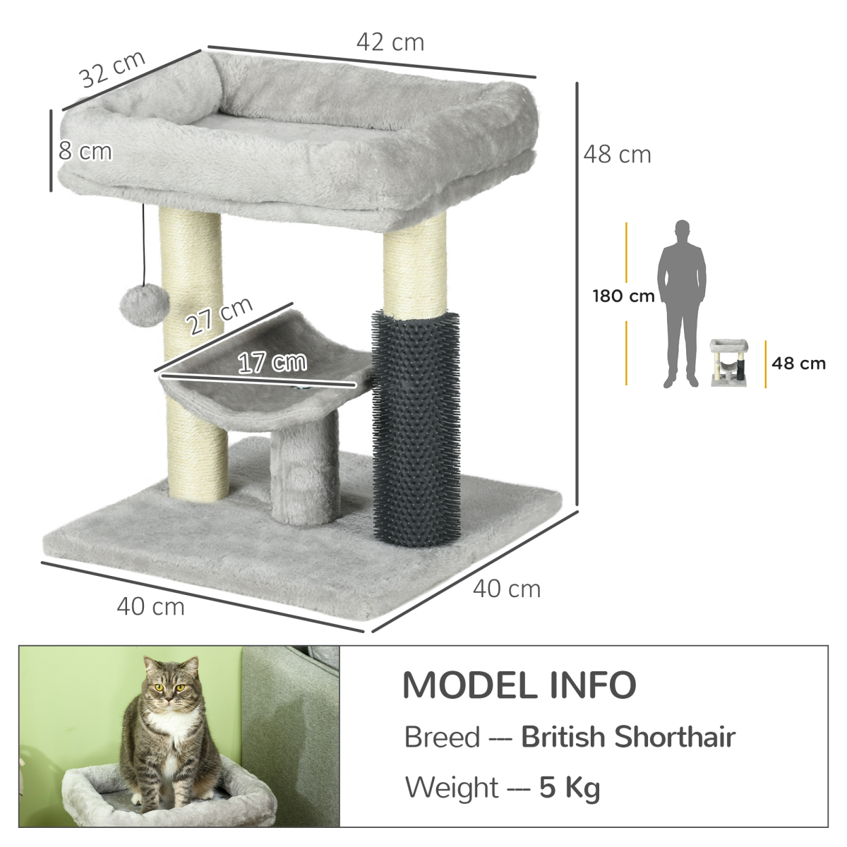 Small Cat Tree Tower with Scratching Posts, Bed, Perch, Self Groomer, Toy