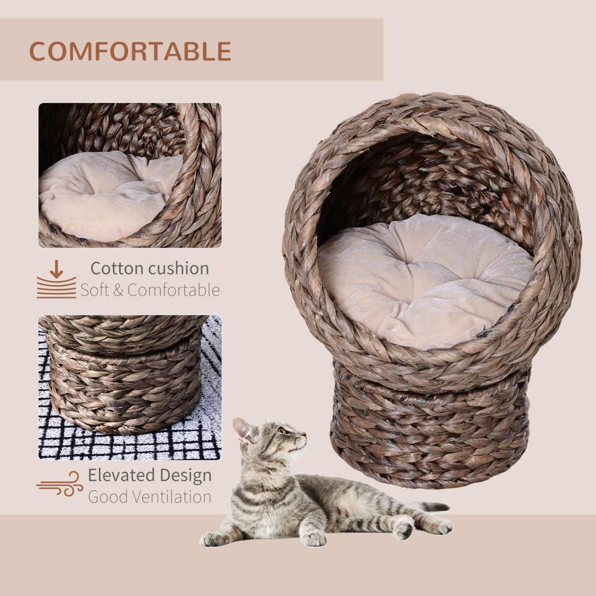 Cat House, Raised Cat Bed with Cylindrical Base, 42 x 33 x 52cm - Brown