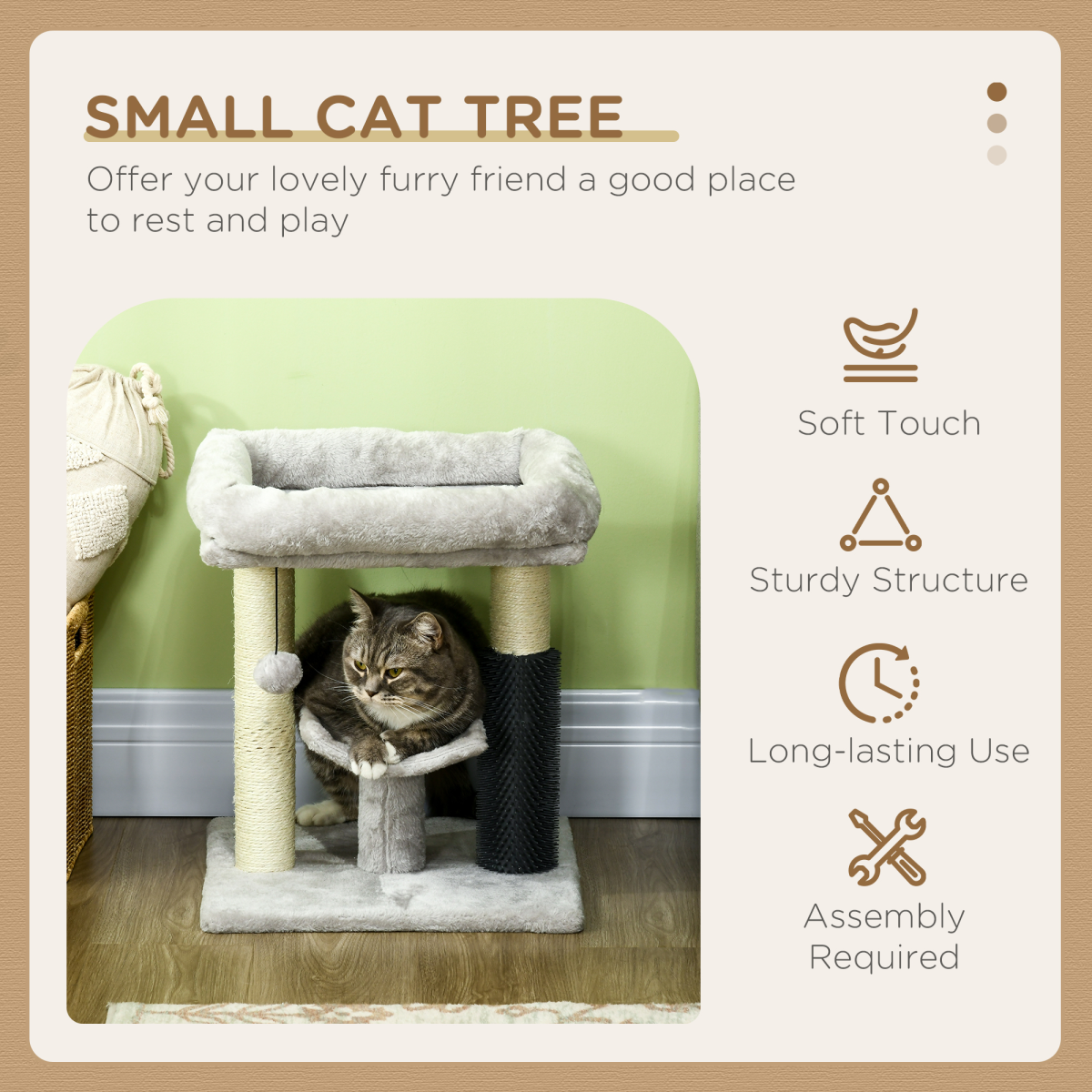 Small Cat Tree Tower with Scratching Posts, Bed, Perch, Self Groomer, Toy