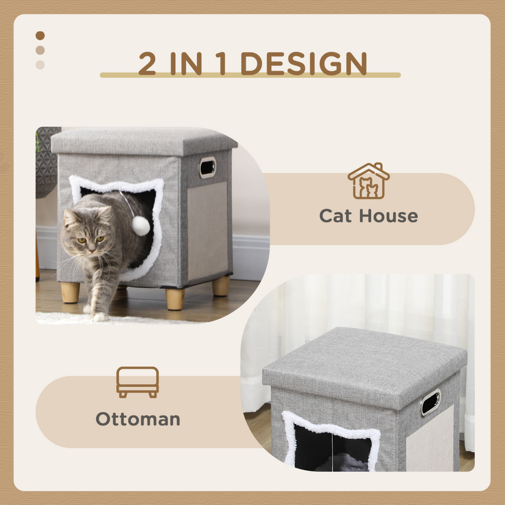 2 in 1 Cat Bed Ottoman w/ Removable Cushion, Handles, Scratching Pad