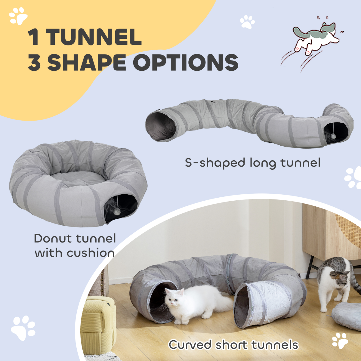 2 in 1 Cat Tunnel with Bed, Cat Play Tunnel for Indoor Cats, Grey