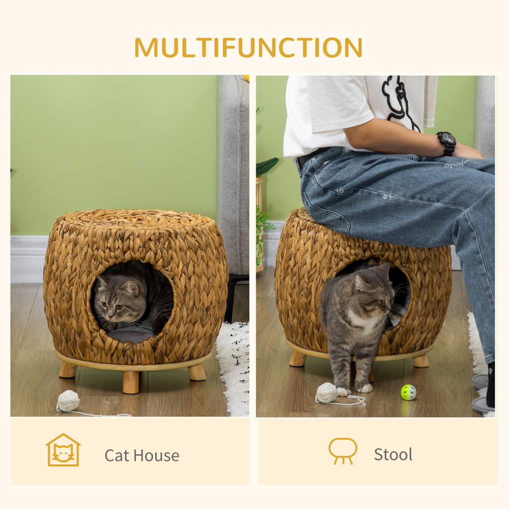 Rattan Cat House Stool, Kitten Bed for Outdoors and Indoors w/ Cushion