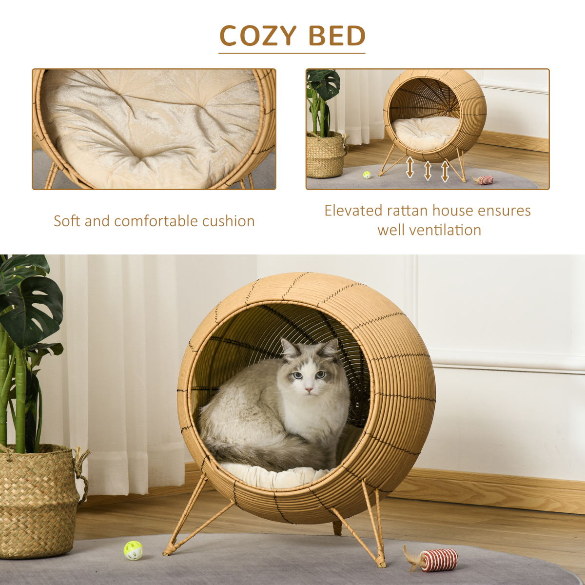 Cat Bed Elevated Rattan Kitten Basket Cozy Cave w/ Soft Cushion