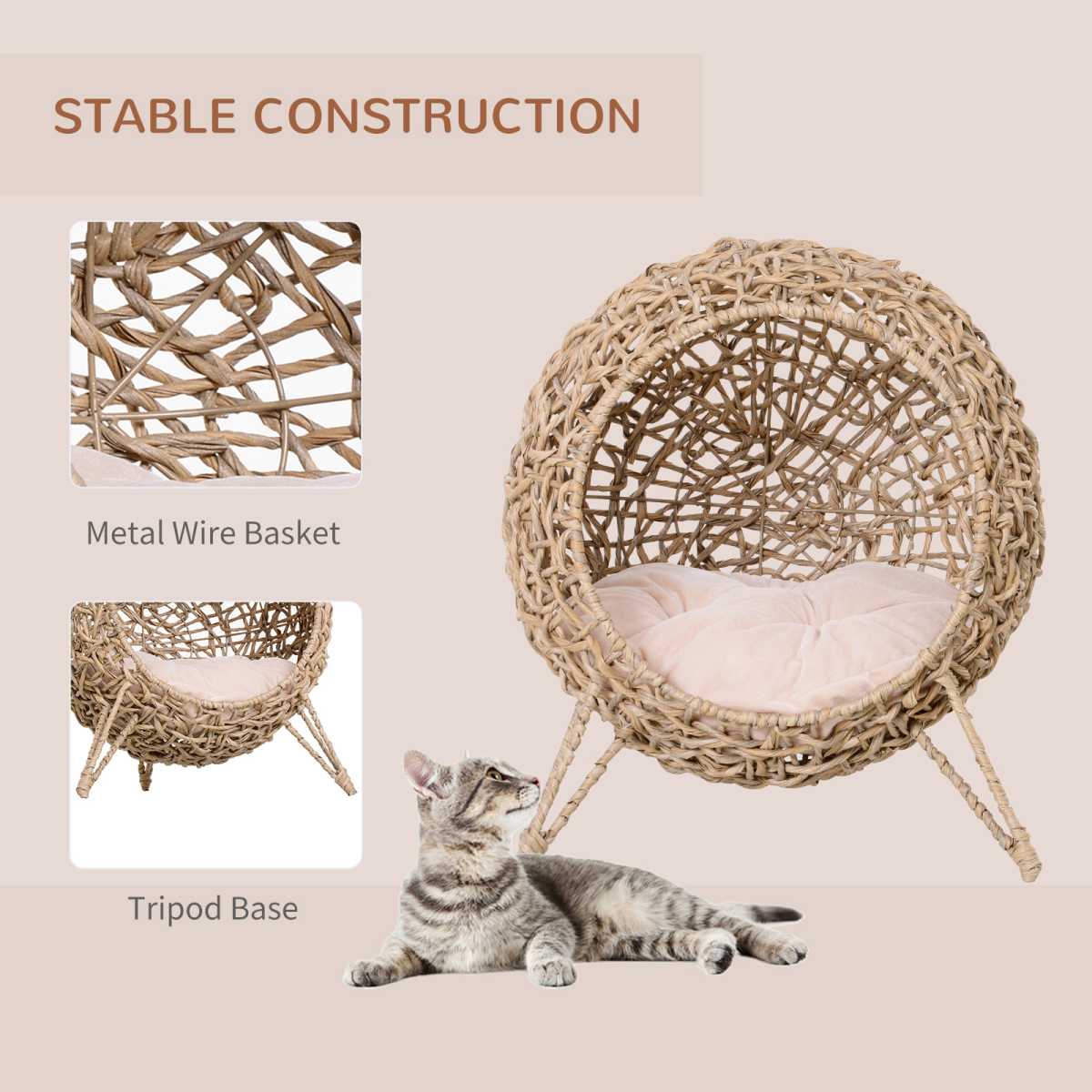 Cat House, Ball-Shaped Rattan Raised Cat Bed - Natural Wood Finish