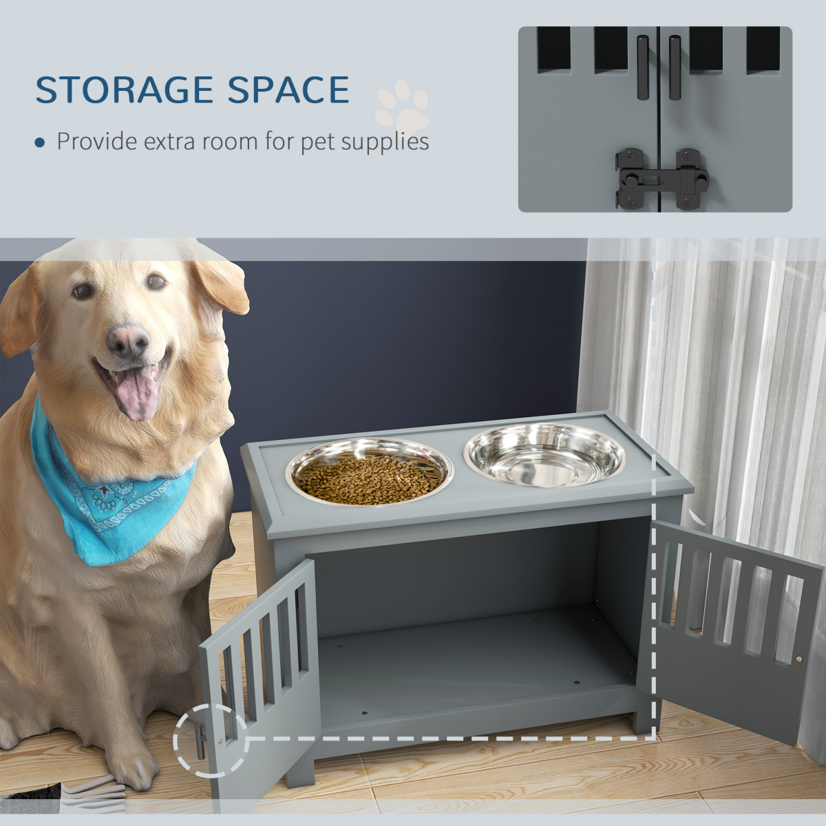 Raised Dog Bowls for Large Dogs Feeding Station with Stand Storage - Grey