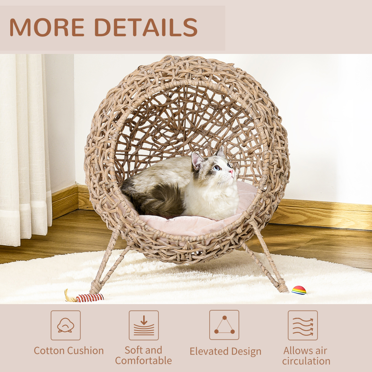 Cat House, Ball-Shaped Rattan Raised Cat Bed - Natural Wood Finish