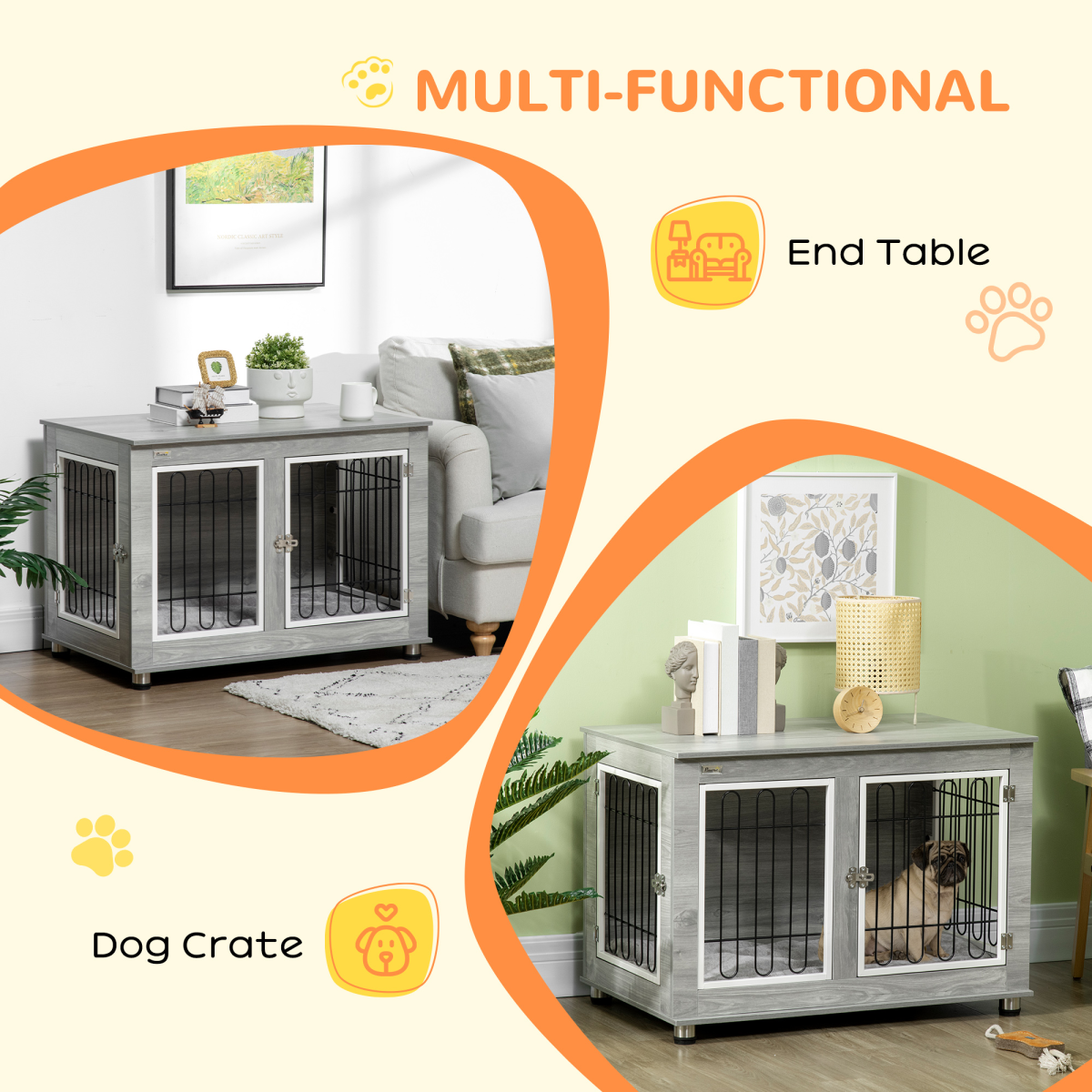 Dog Crate Furniture, Dog Crate End Table w/ Soft Cushion, Double Door