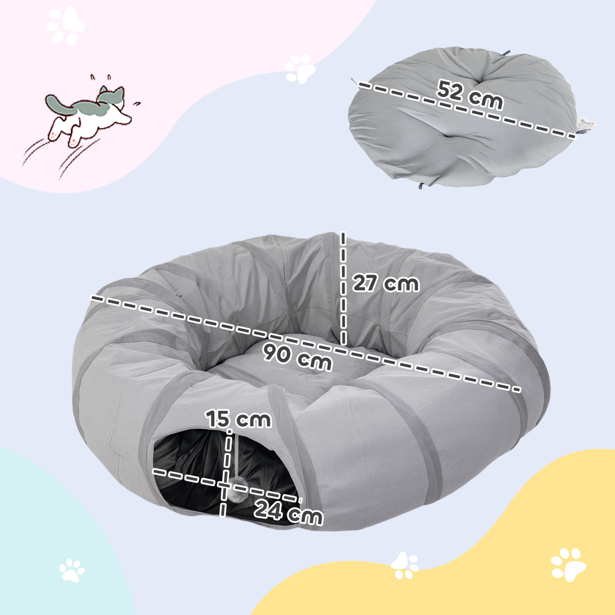 2 in 1 Cat Tunnel with Bed, Cat Play Tunnel for Indoor Cats, Grey