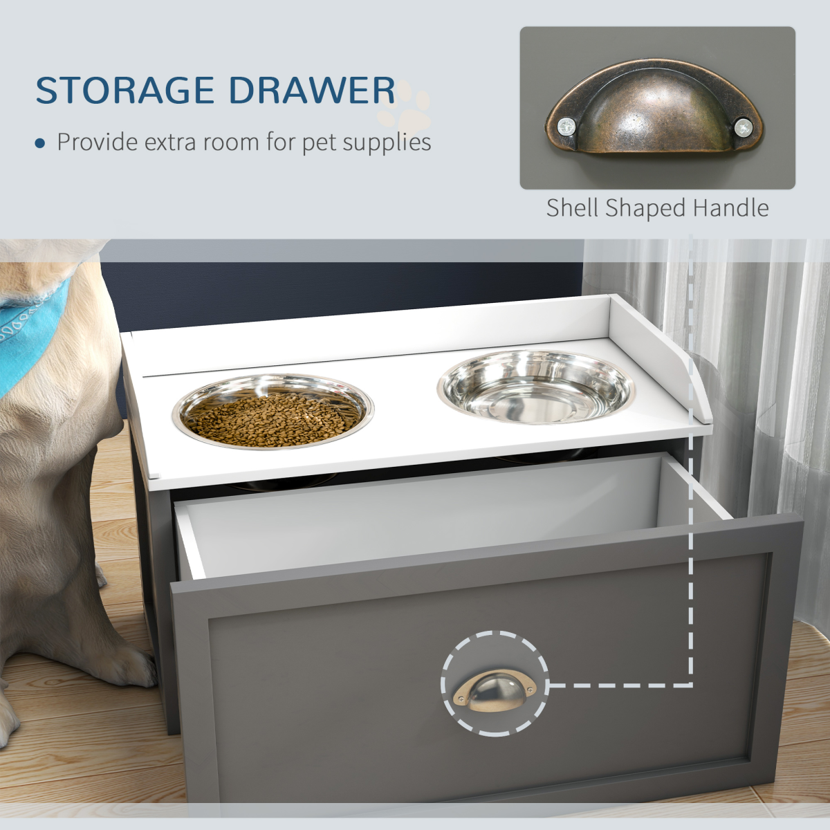 Stainless Steel Raised Dog Bowl with 21L Storage Drawer, for Large Dogs