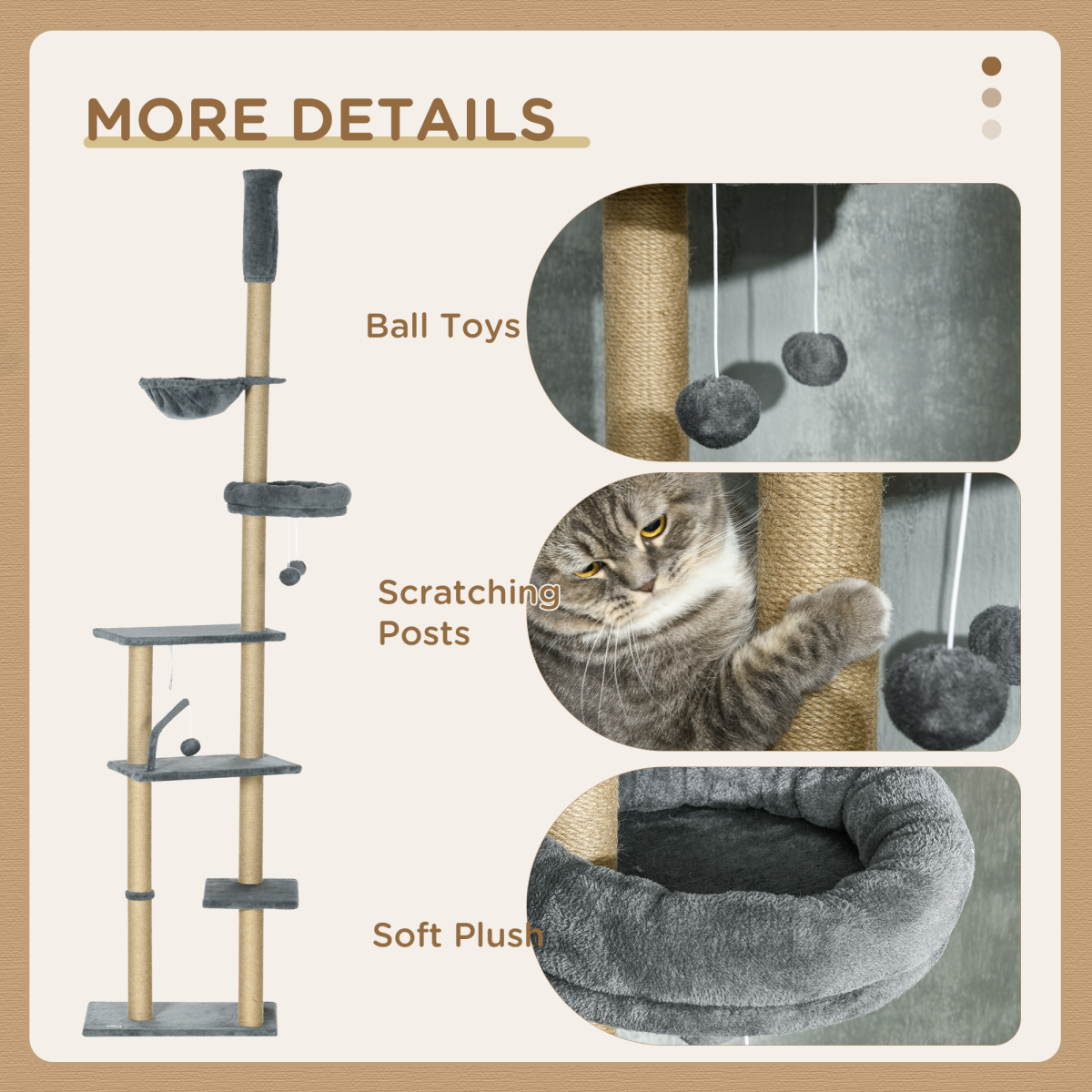 6-Tier Floor to Ceiling Cat Tree with Scratching Post, Bed, Hammock, Grey