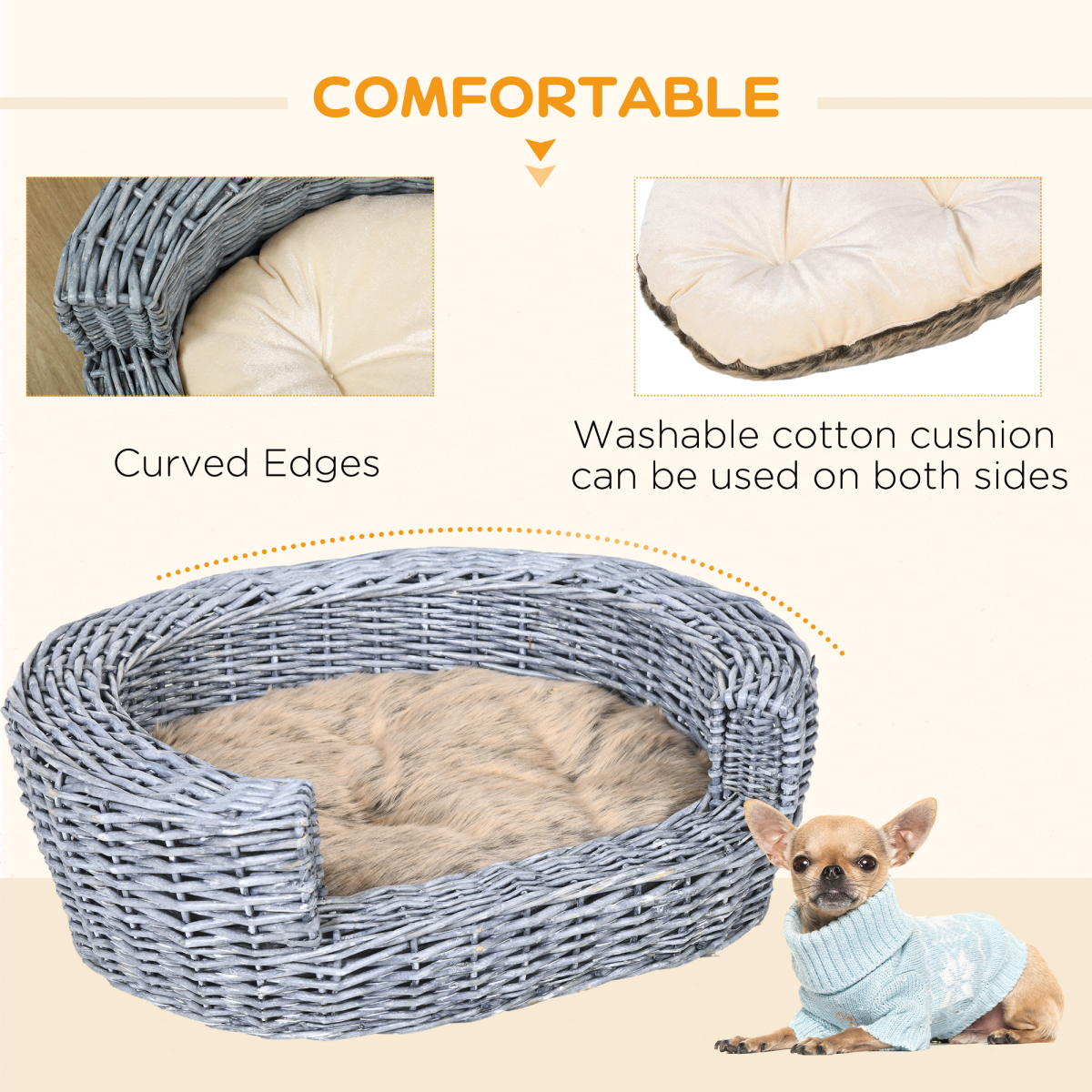 Elevated Dog Cat Couch Pet Basket Sofa Bed Willow Rattan Cushion