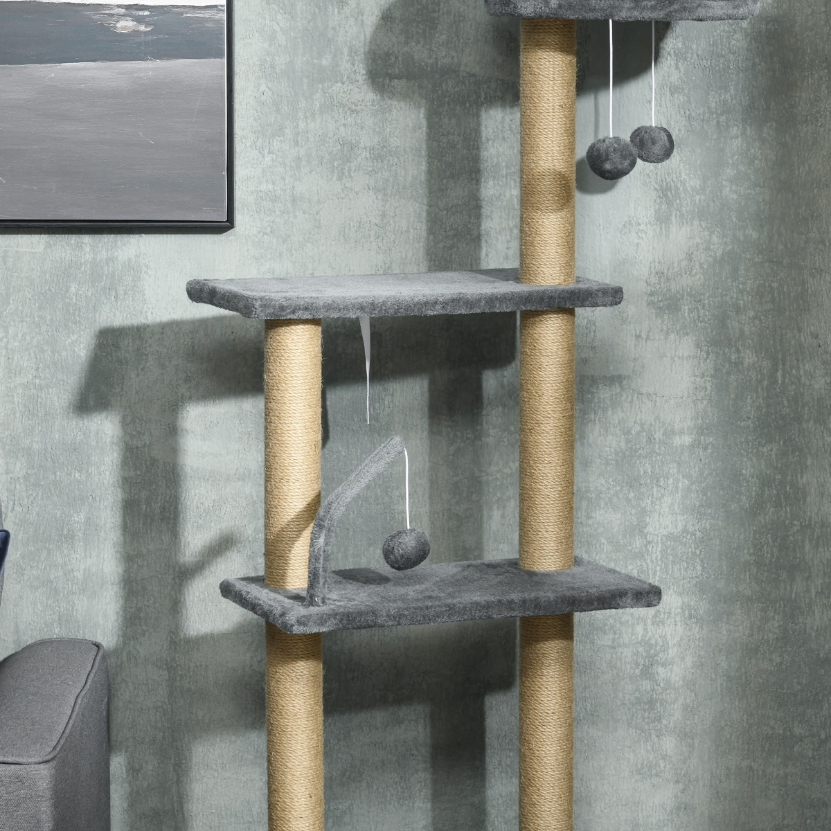 6-Tier Floor to Ceiling Cat Tree with Scratching Post, Bed, Hammock, Grey