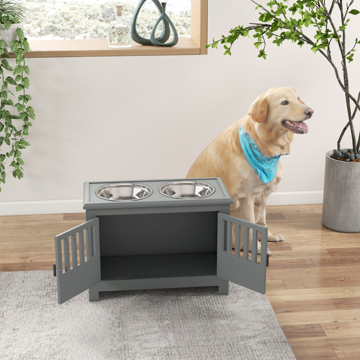 Raised Dog Bowls for Large Dogs Feeding Station with Stand Storage - Grey