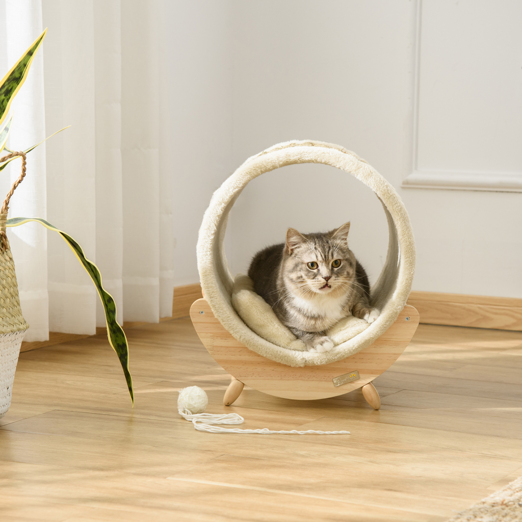 Elevated Cat House Kitten Bed Pet Shelter with Scratcher Cushion, Beige