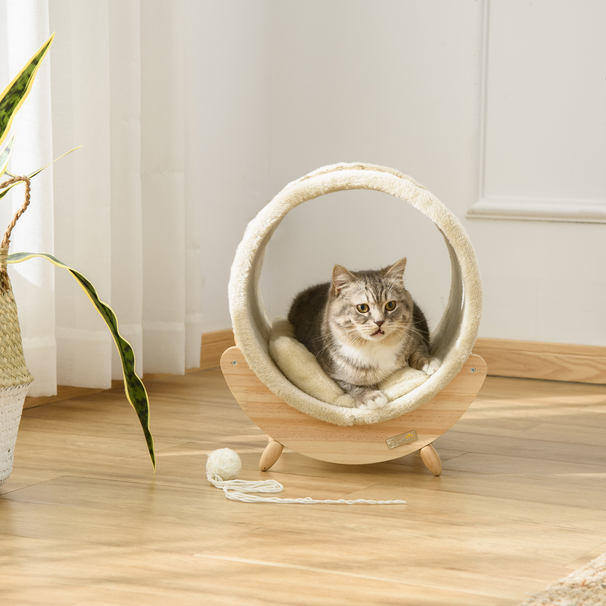 Elevated Cat House Kitten Bed Pet Shelter with Scratcher Cushion, Beige