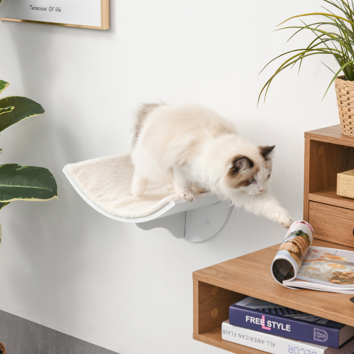Wood Cat Shelf Shelter Kitten Bed Curved Climber Wall-Mounted Berber Fleece
