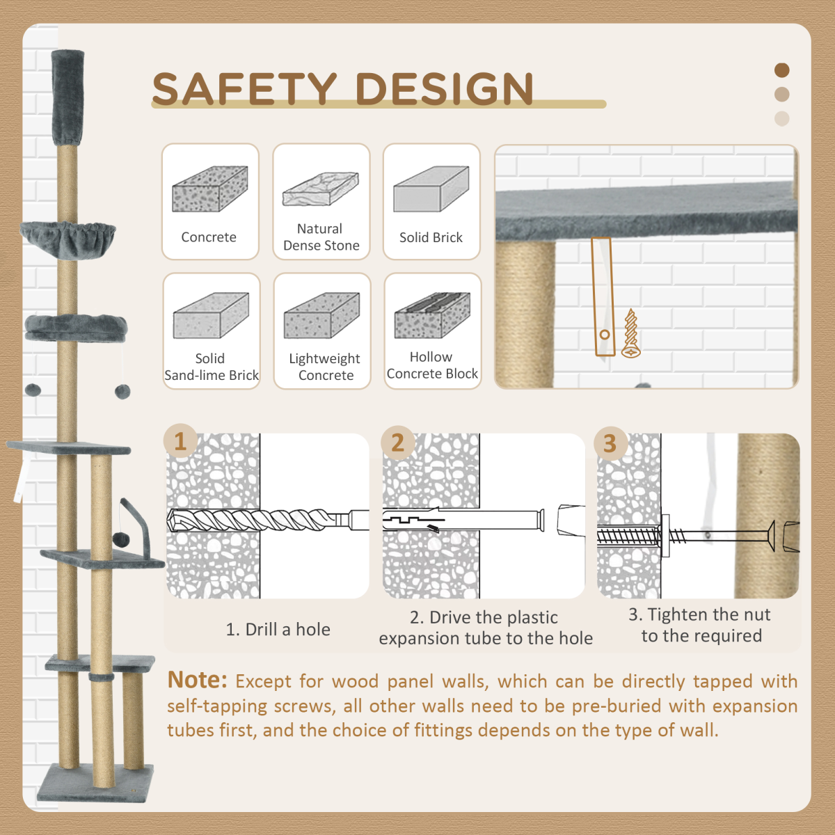 6-Tier Floor to Ceiling Cat Tree with Scratching Post, Bed, Hammock, Grey
