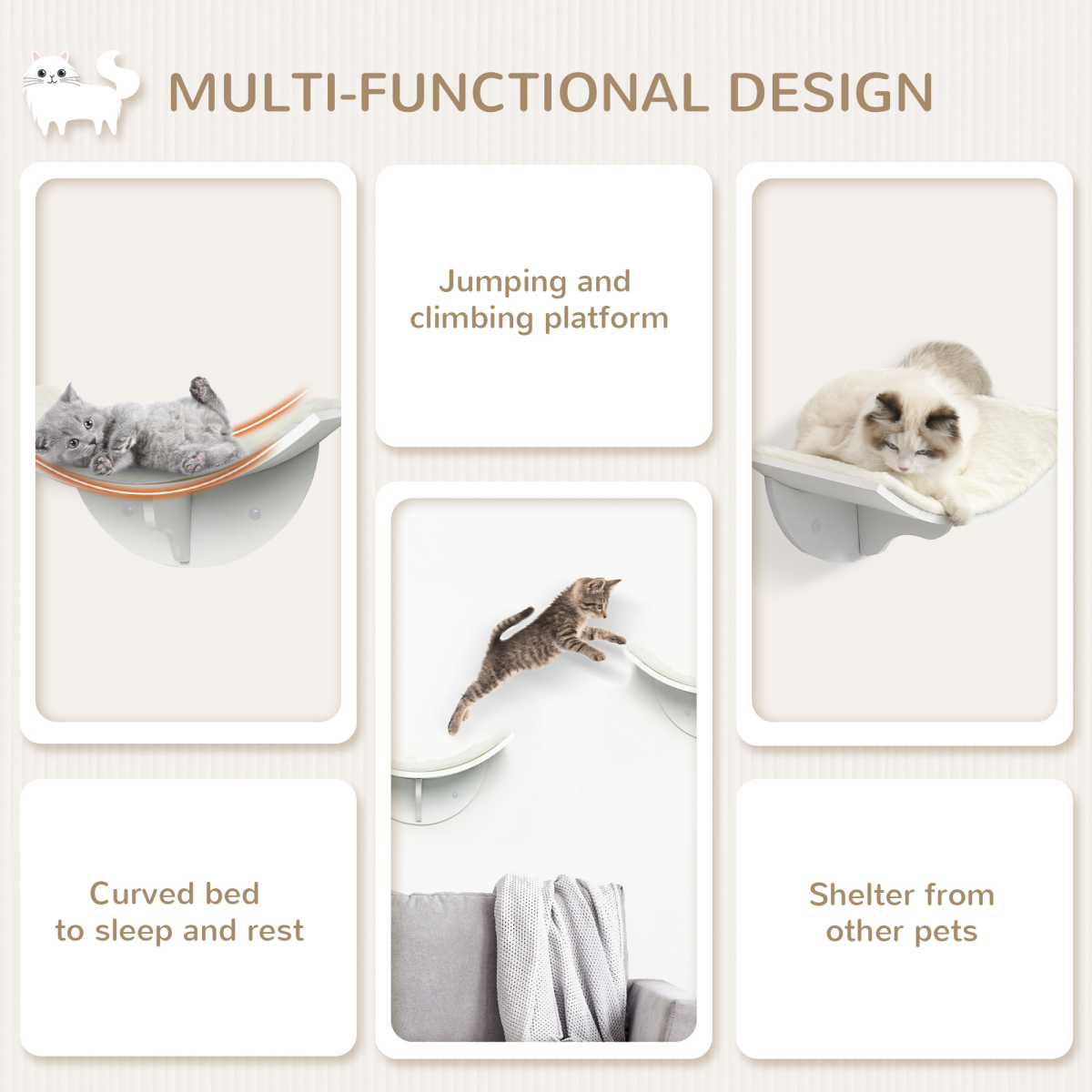 Wood Cat Shelf Shelter Kitten Bed Curved Climber Wall-Mounted Berber Fleece