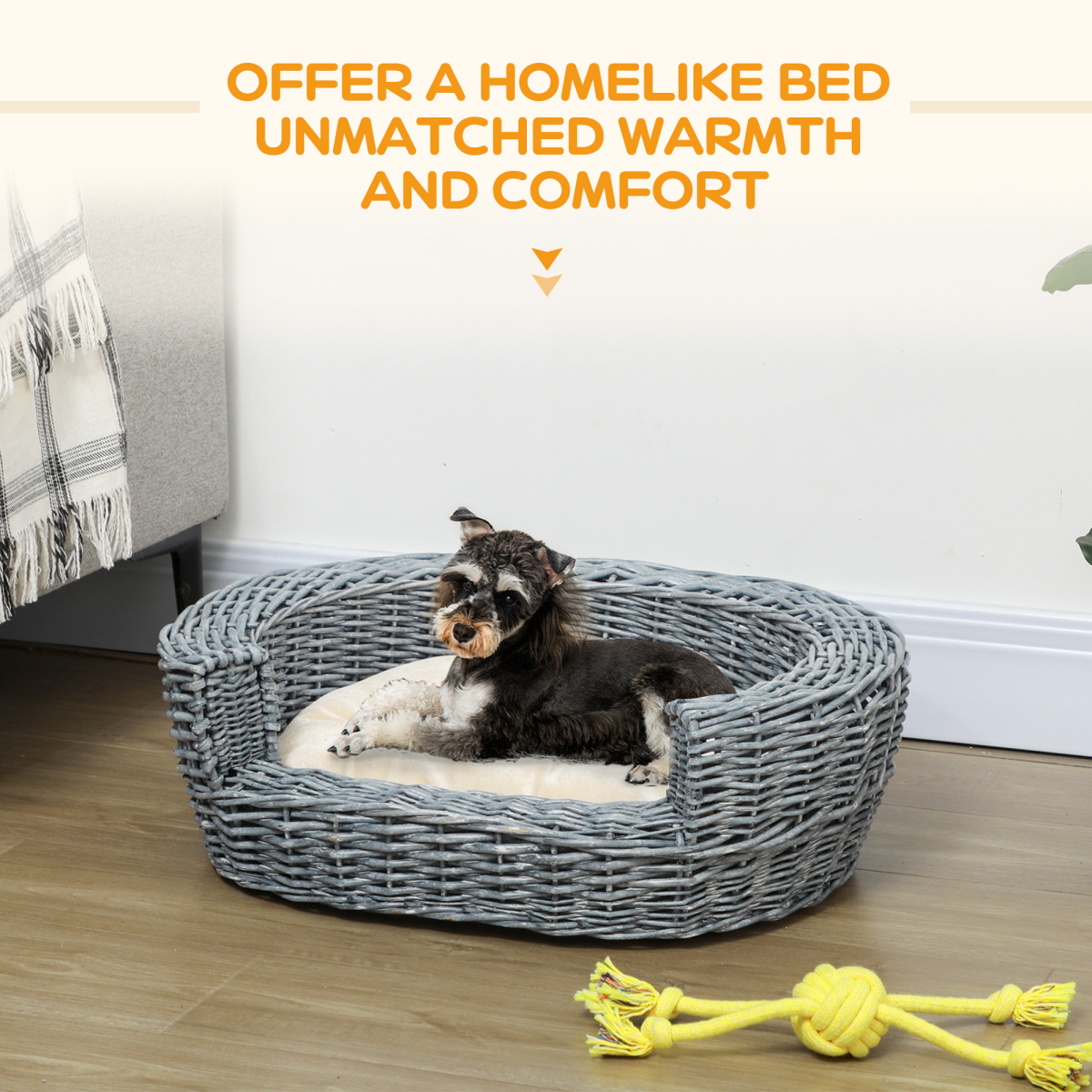 Elevated Dog Cat Couch Pet Basket Sofa Bed Willow Rattan Cushion