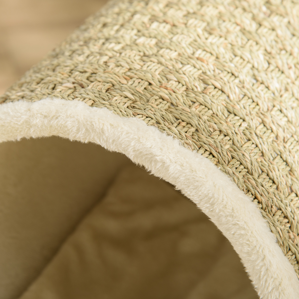 Elevated Cat House Kitten Bed Pet Shelter with Scratcher Cushion, Beige