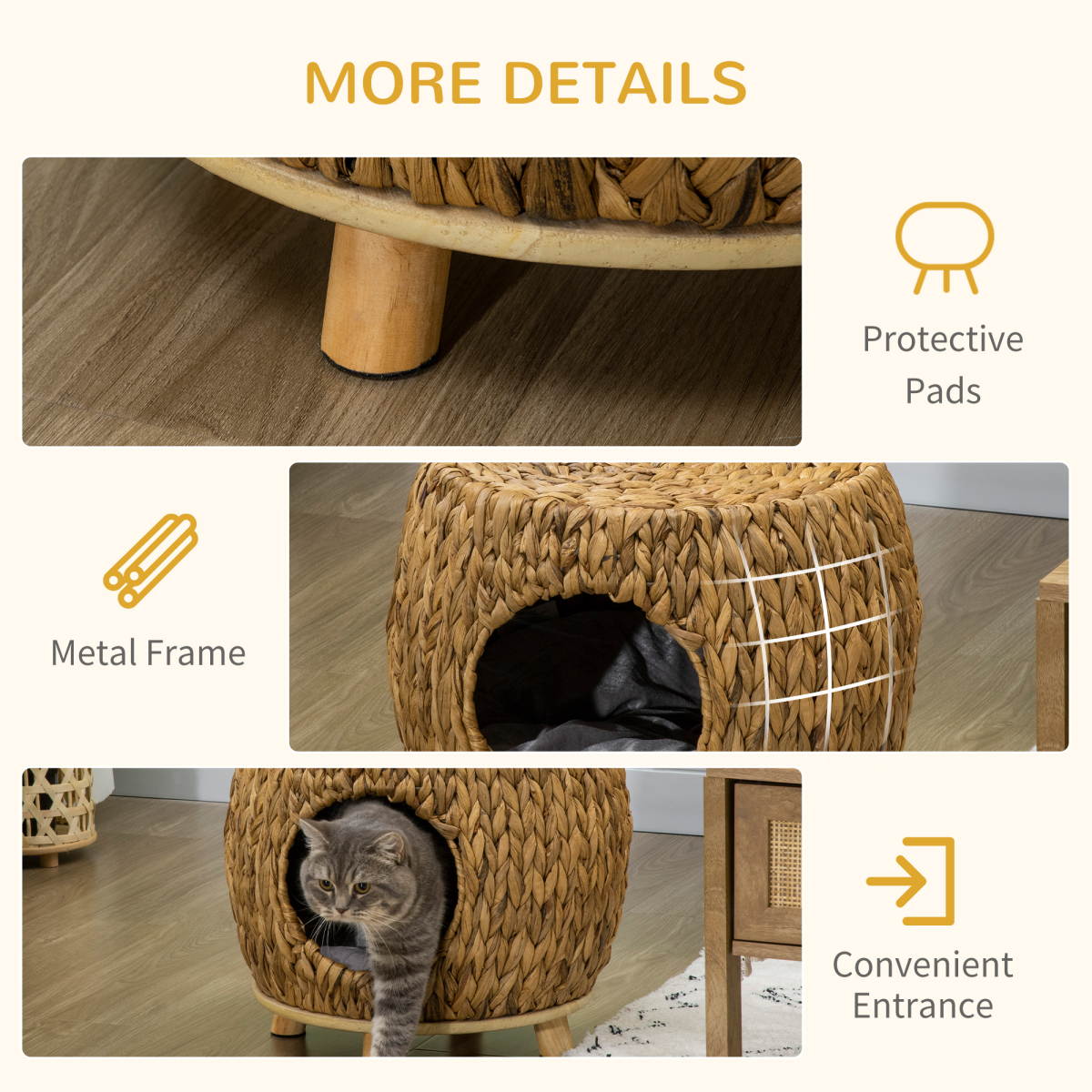 Rattan Cat House Stool, Kitten Bed for Outdoors and Indoors w/ Cushion