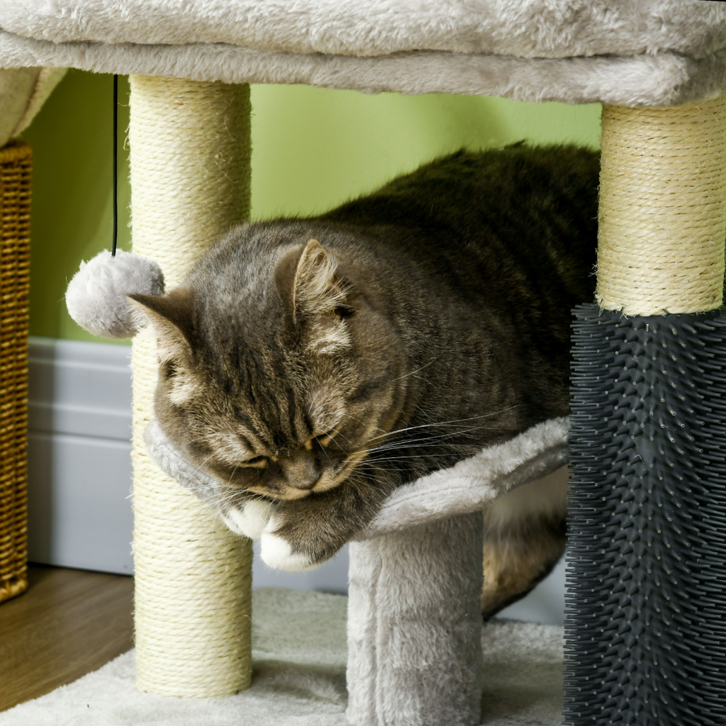 Small Cat Tree Tower with Scratching Posts, Bed, Perch, Self Groomer, Toy