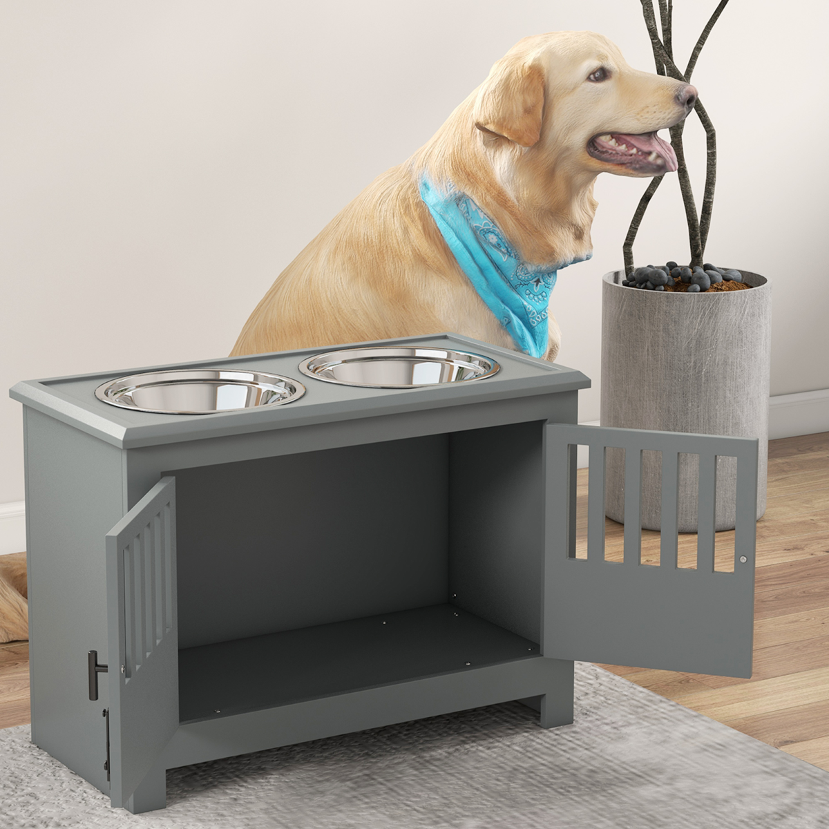 Raised Dog Bowls for Large Dogs Feeding Station with Stand Storage - Grey