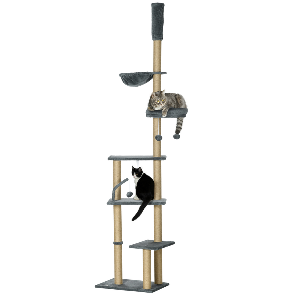 6-Tier Floor to Ceiling Cat Tree with Scratching Post, Bed, Hammock, Grey