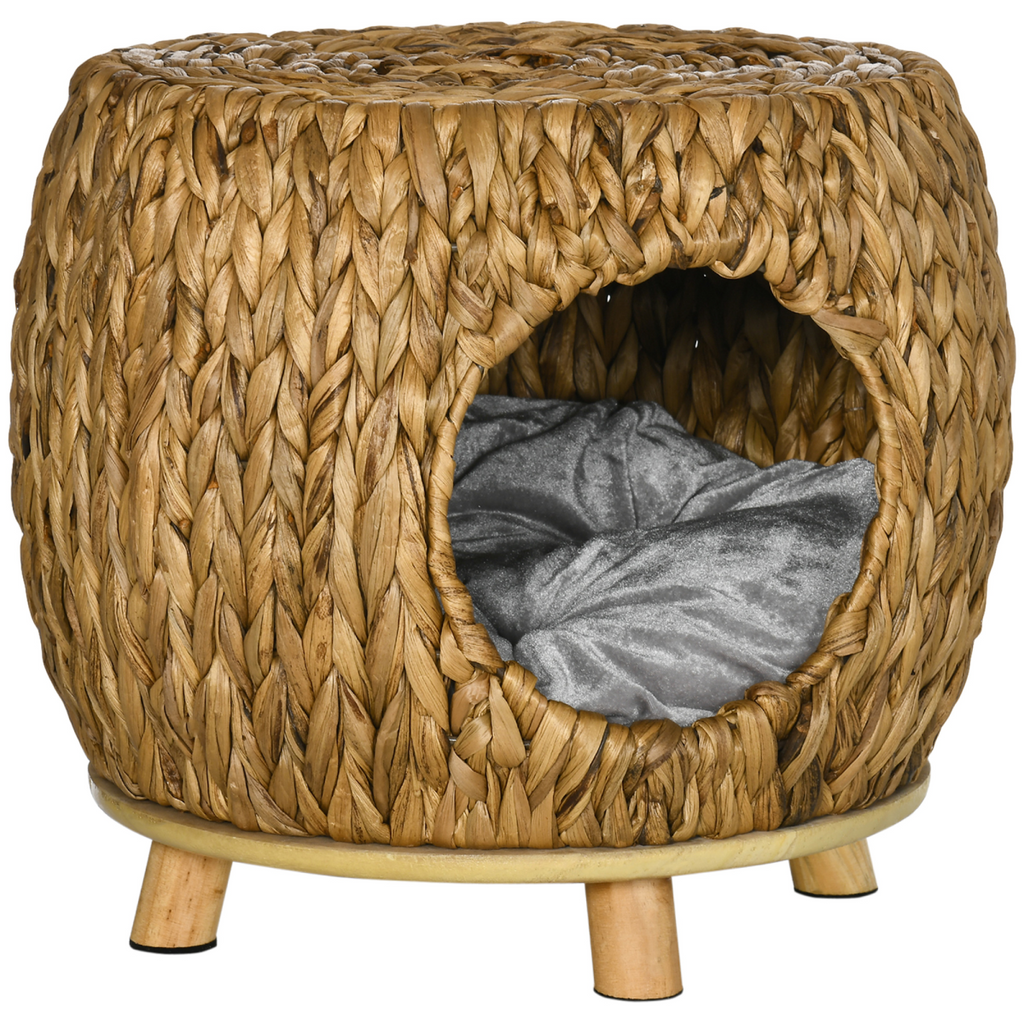 Rattan Cat House Stool, Kitten Bed for Outdoors and Indoors w/ Cushion