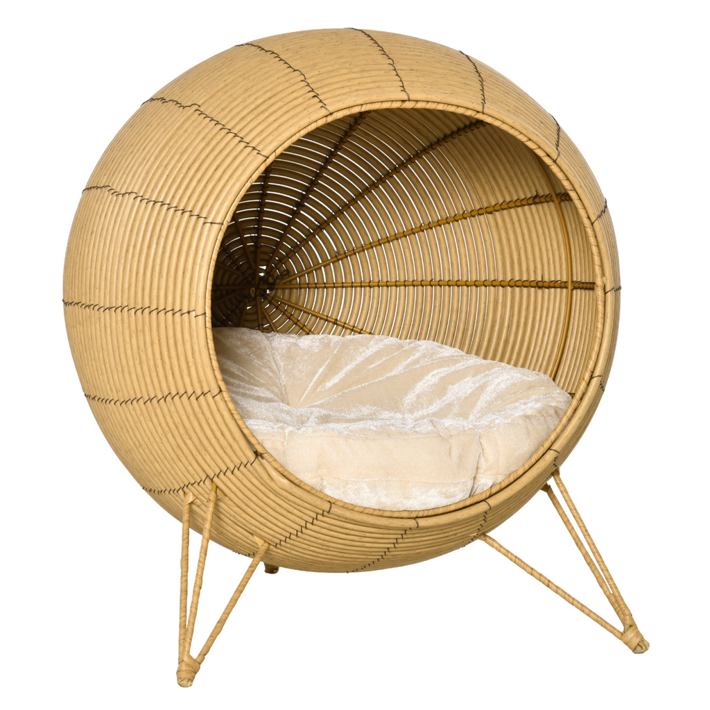 Cat Bed Elevated Rattan Kitten Basket Cozy Cave w/ Soft Cushion