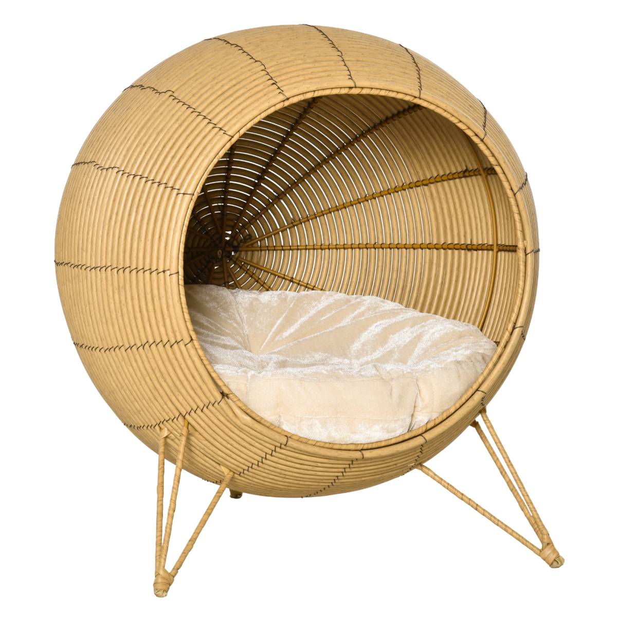 Cat Bed Elevated Rattan Kitten Basket Cozy Cave w/ Soft Cushion